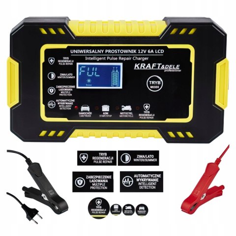 Automatyczny Prostownik Akumulatorowy Ładowarka LCD 12V / 6A Kraft&Dele