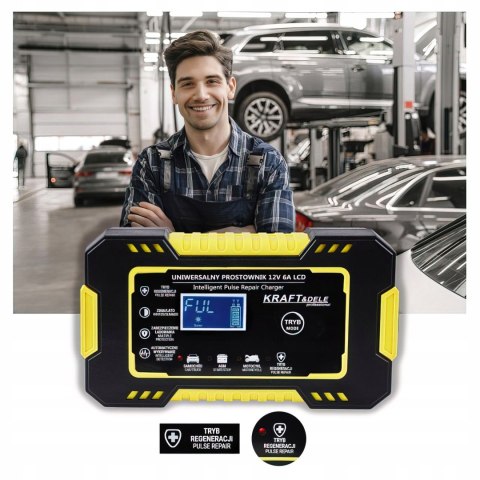 Automatyczny Prostownik Akumulatorowy Ładowarka LCD 12V / 6A Kraft&Dele