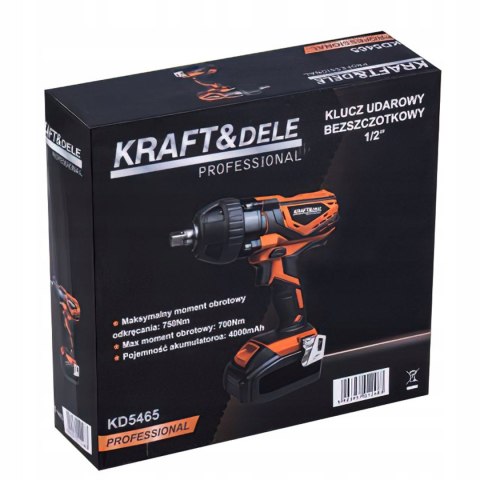 Klucz Udarowy 1/2" HEX Bezszczotkowy Akumulatorowy 21V 750Nm Kraft&Dele