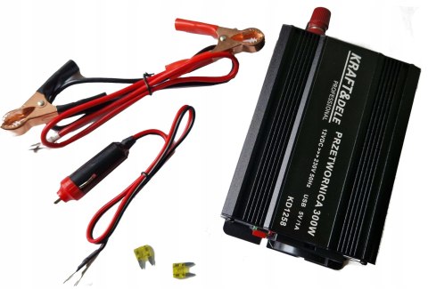PRZETWORNICA PRĄDU SAMOCHODOWA SKORYGOWANA SINUSOIDA 12V 230V 300W KABLE