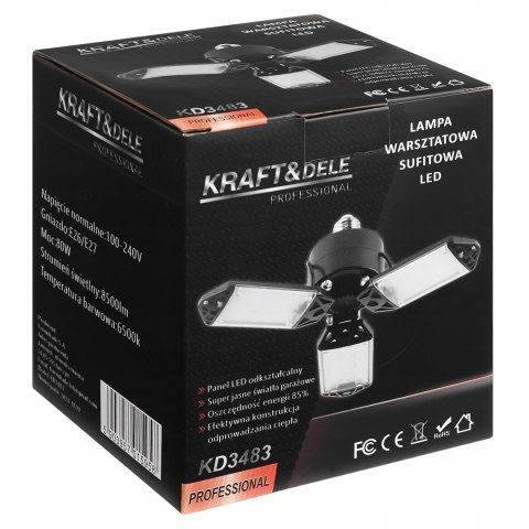 Lampa Warsztatowa Sufitowa 3 Panele Składane LED 90° 80W 8500 lm Kraft&Dele