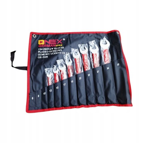 OUTLET W1390 KLUCZE PŁASKO OCZKOWE 6-32mm 12el PŁASKIE ZESTAW KLUCZY Z GUMĄ