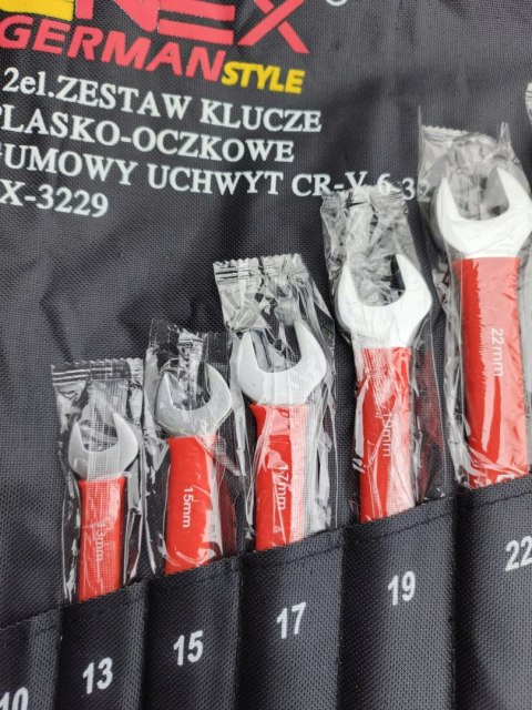 OUTLET W1390 KLUCZE PŁASKO OCZKOWE 6-32mm 12el PŁASKIE ZESTAW KLUCZY Z GUMĄ