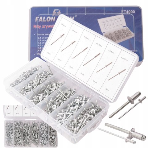 NITY ZRYWALNE ZESTAW NITÓW Z TRZPIENIEM STALOWYM 400 sztuk Z ORGANIZEREM