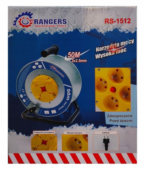 PRZEDŁUŻACZ BUDOWLANY GRUBY OGRODOWY BĘBNOWY 45M/ 50M 3X2,5MM PROFESIONALNY