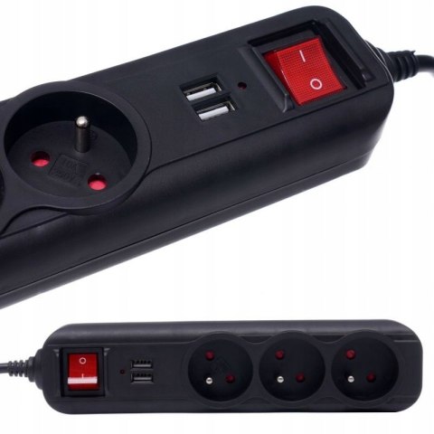 Przedłużacz 1,5m listwa 2xUSB + 3x230V + włącznik