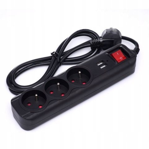 Przedłużacz 1,5m listwa 2xUSB + 3x230V + włącznik