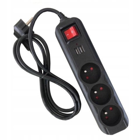 Przedłużacz 1,5m listwa 2xUSB + 3x230V + włącznik
