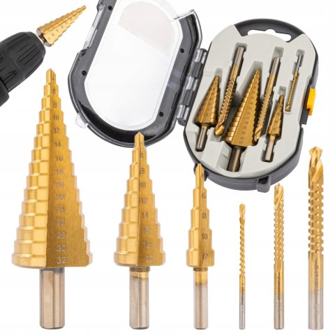 WIERTŁA STOPNIOWE FREZUJĄCE 4-32MM DO METALU DREWNA PLASTIKU 3-8MM 6 EL.