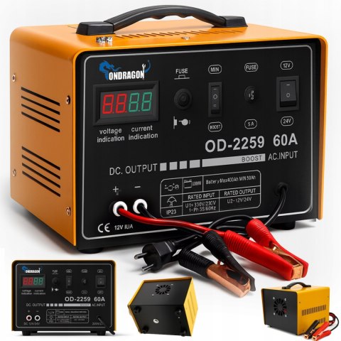 ROZRUCH 12/24V PROSTOWNIK SAMOCHODOWY Z ROZRUCHEM DO ŁADOWANIA MOC 60A LCD