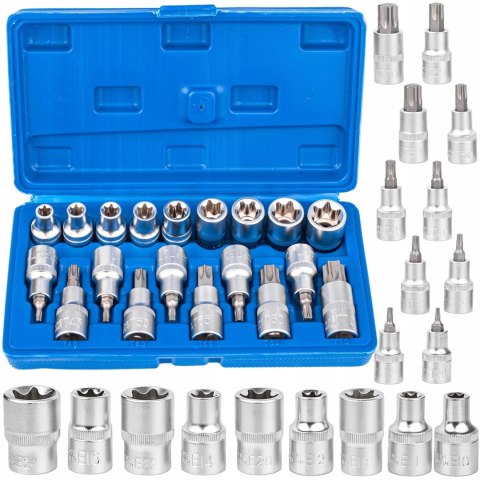 KLUCZE NASADOWE TORX SPLINE 1/2" CALA NASADKI BITY ZESTAW KLUCZY 19el
