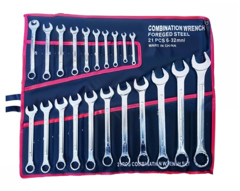 21EL KLUCZE PŁASKIE OCZKOWE 6-32 ZESTAW Komplet Kluczy Płaskich Pokrowiec