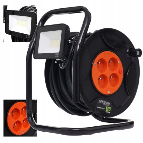 PRZEDŁUŻACZ BĘBNOWY NA BĘBNIE ZWIJAK 30M 4 GNIAZDA + LAMPA LED 20W KD4037