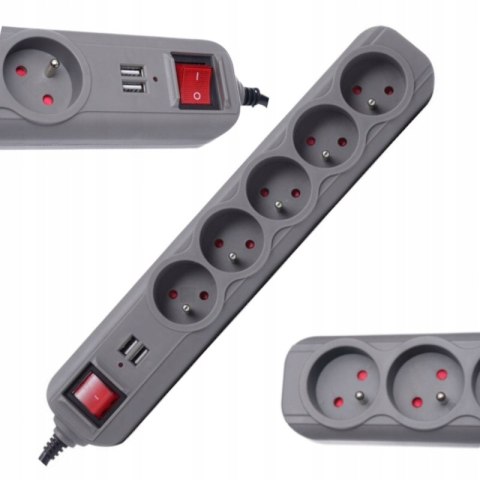 Przedłużacz 1,5m listwa 2xUSB + 5x230V + włącznik