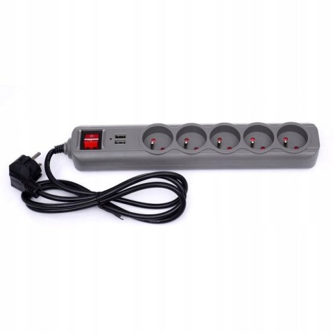 Przedłużacz 1,5m listwa 2xUSB + 5x230V + włącznik