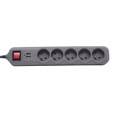 Przedłużacz 1,5m listwa 2xUSB + 5x230V + włącznik