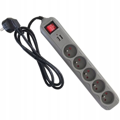 Przedłużacz 1,5m listwa 2xUSB + 5x230V + włącznik